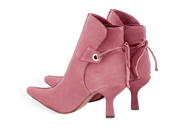 Dress ankle boots back laces in carnation pink leather with high slim heels and pointed toe - Rear view